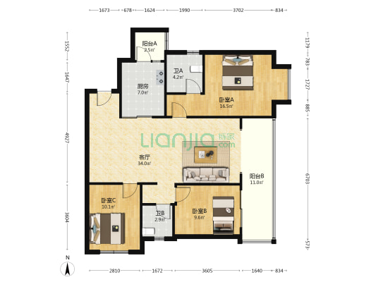 中海渝中云锦 3室1厅2卫 118平方