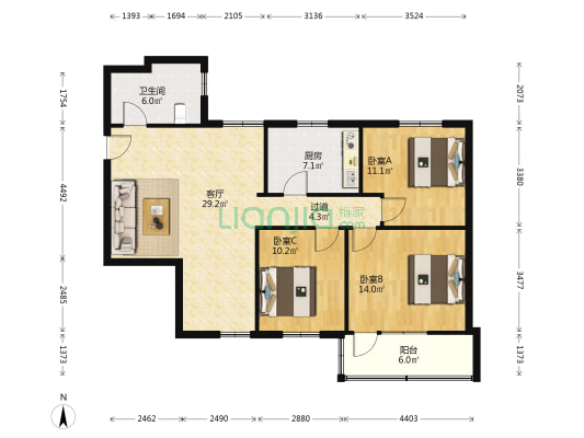 南方航空宿舍 3室1厅1卫 96平方