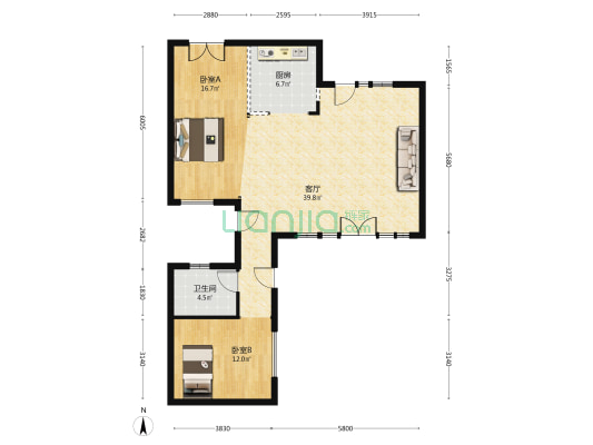 世茂龙湾五期 2室1厅1卫 90平方