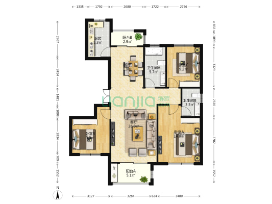 尚书府东宸 3室2厅2卫 122平方