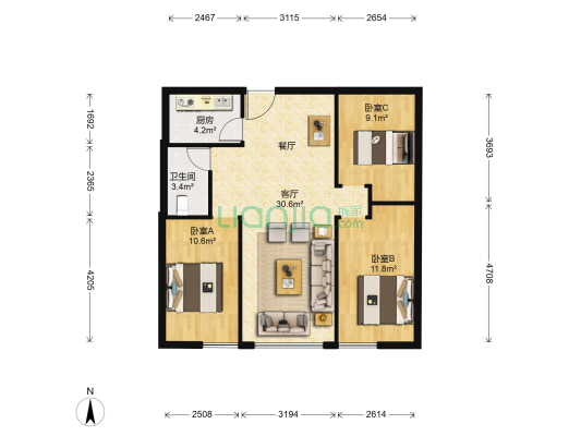 万华百合公寓 3室1厅1卫 112平方