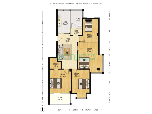 雨辰文星南区 4室1厅1卫 108平方