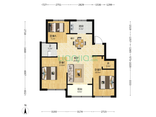 赞成山语成园 3室1厅1卫 88平方
