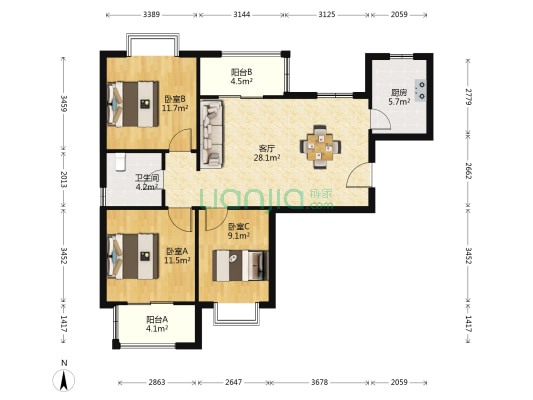 中南六十七号院 3室1厅1卫 100平方