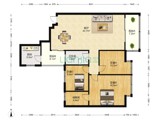 金岭花苑 3室1厅1卫 122平方