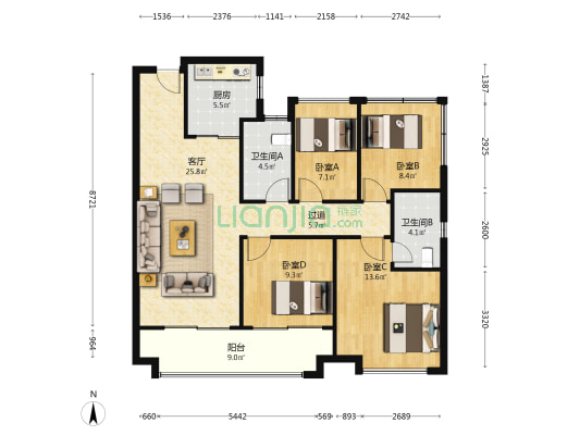 美的旭辉天地(二手) 4室1厅2卫 117平方