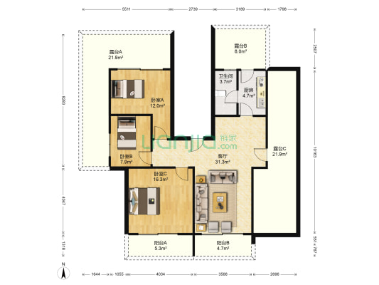 嘉信华庭 3室1厅1卫 108平方