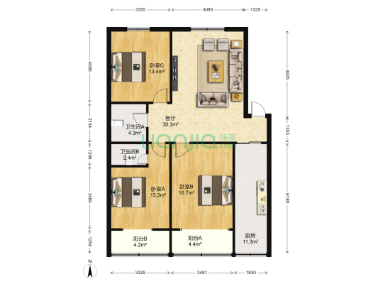 高立花园西区 3室1厅2卫 110平方