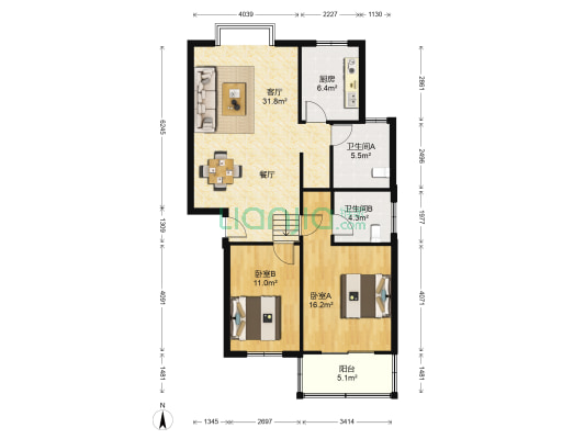 成功花园A区 2室1厅2卫 100平方