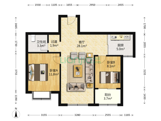 怡景华庭(寒亭区) 2室1厅1卫 86平方