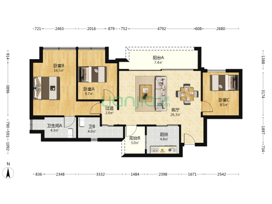 越秀悦映湖山悦澜 3室1厅2卫 95平方