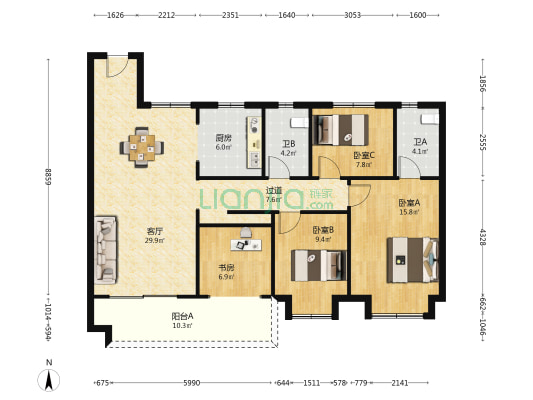 长沙如院 4室1厅2卫 125平方