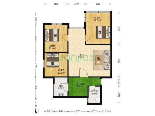 128小区 3室1厅1卫 92平方