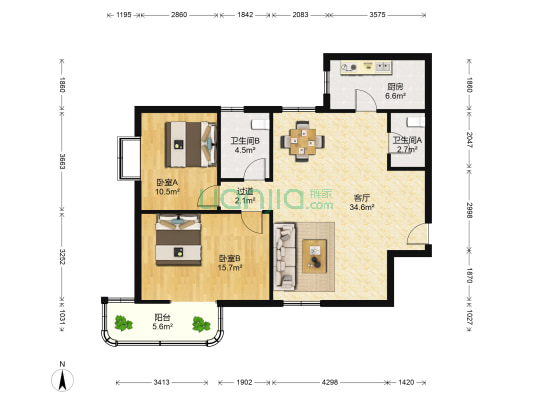 明德雅园大厦 2室1厅2卫 109平方