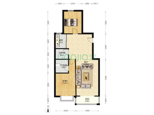 凯旋门高档小区通透两居室适合一家三口四口居住-户型图