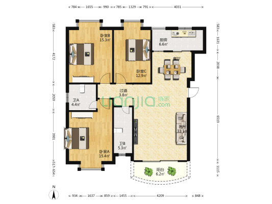 海岛阳光一期 3室1厅2卫 121平方