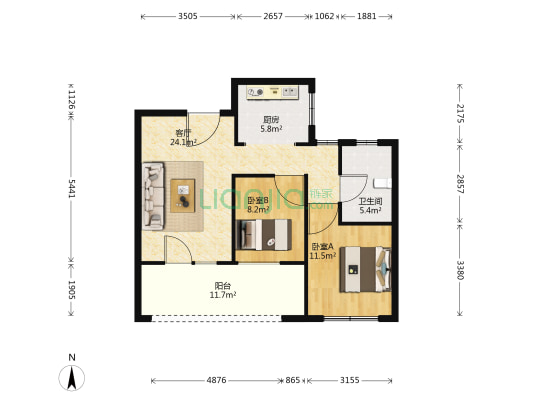 绿城服务阳光新城 2室1厅1卫 92平方