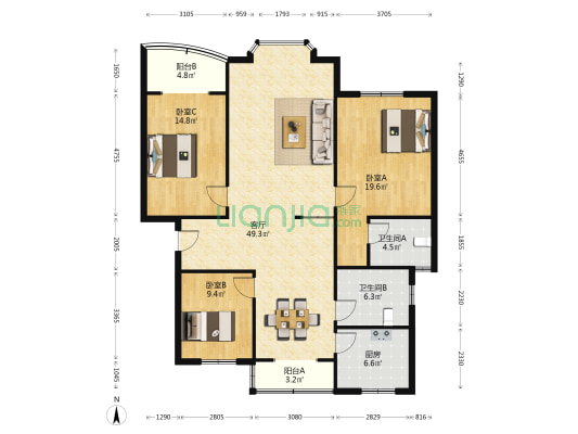 筱筱小区 3室1厅2卫 148平方