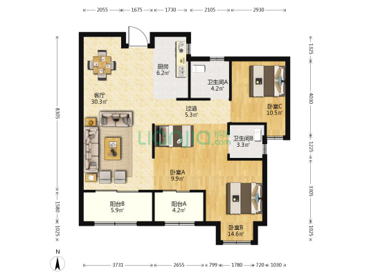 民发庞公别苑C区 3室1厅2卫 115平方