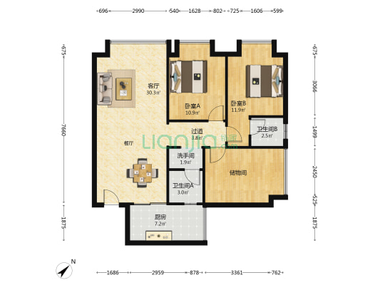 洪锦国际 2室1厅3卫 104平方