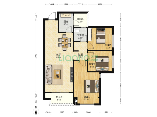 荣盛观云郡云尚组团 3室1厅1卫 103平方