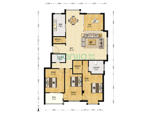 宋湖一区 4室1厅2卫 165平方