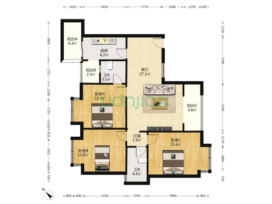 望江社区 3室1厅2卫 109平方
