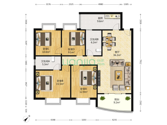 川航佳园 4室1厅2卫 137平方