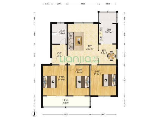 经二路北66号院 3室2厅1卫 133平方