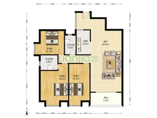 丽柏广场 3室1厅2卫 137平方
