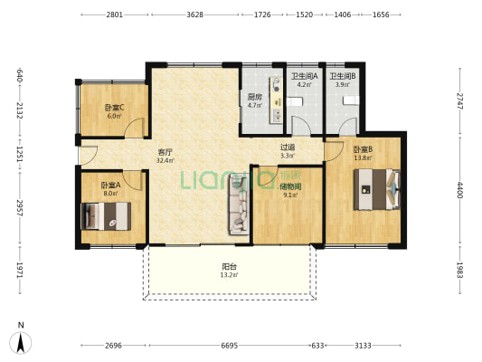 天铭公馆 3室1厅2卫 106平方