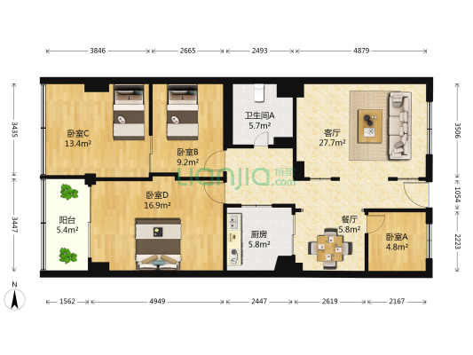 金雁公寓 4室2厅1卫 127平方