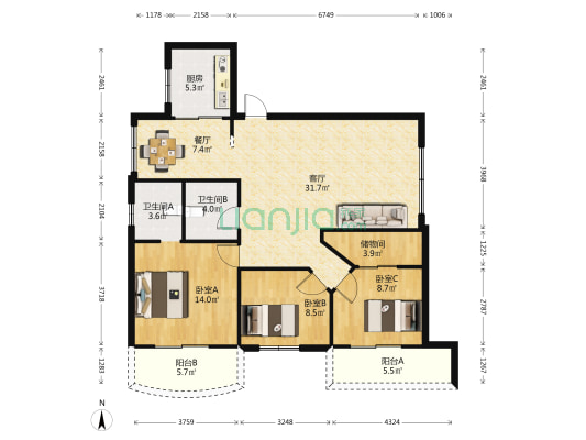 聚英花园 3室2厅2卫 113平方