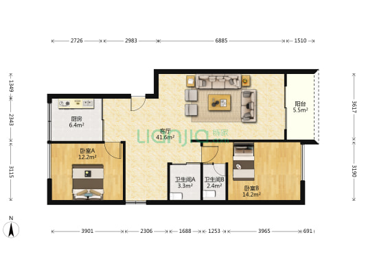 誉品轩 2室1厅2卫 97平方