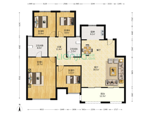 康桥香溪郡2号院 4室1厅2卫 164平方