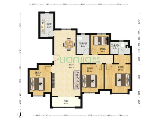 天铂映园 4室1厅2卫 132平方