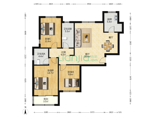 腊山南苑二区 3室1厅2卫 127平方
