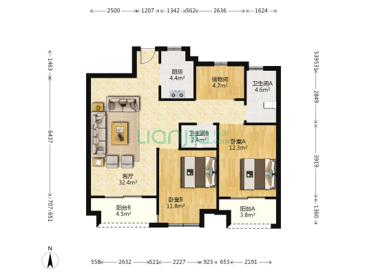紫晶首府 2室1厅2卫 98平方