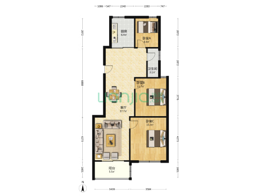 兰亭绿岛 3室1厅1卫 114平方