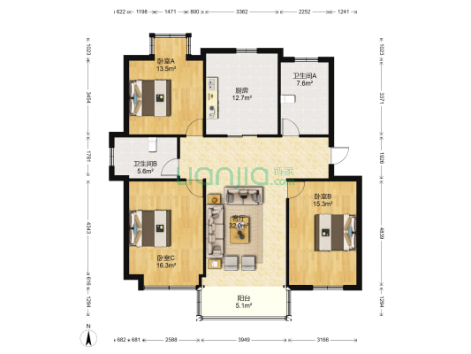 金桥花园三区 3室1厅2卫 135平方