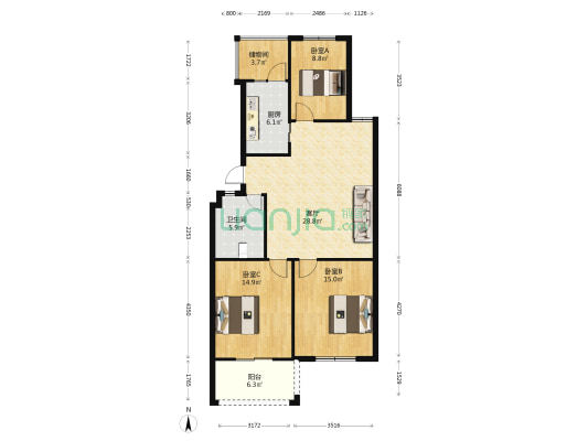 美女山庄 3室1厅1卫 102平方