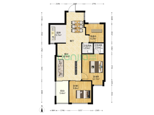 博仕后龙港城 3室1厅2卫 83平方