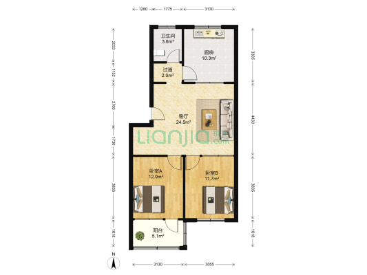 圣达花园 2室1厅1卫 89平方