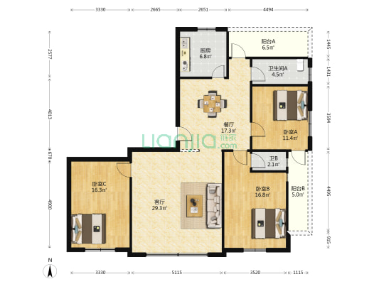 中田南小区 3室2厅2卫 122平方
