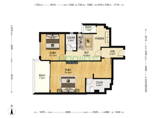 尚河居 2室1厅2卫 86平方