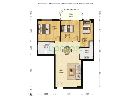 晋福阁 3室1厅1卫 91平方
