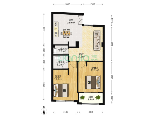 林宅华泰路 2室1厅2卫 100平方