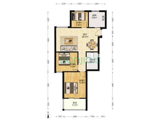 同城印象北区 3室1厅1卫 88平方