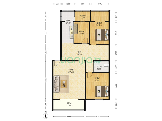 华夏花园 3室2厅1卫 129平方