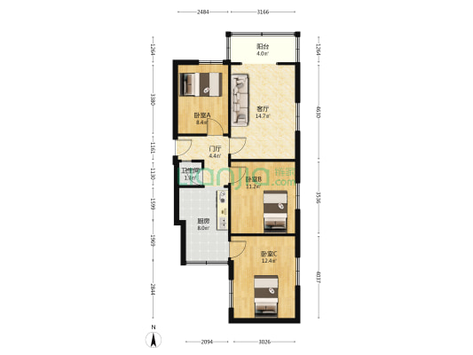 支矶石街21号 3室1厅1卫 75平方